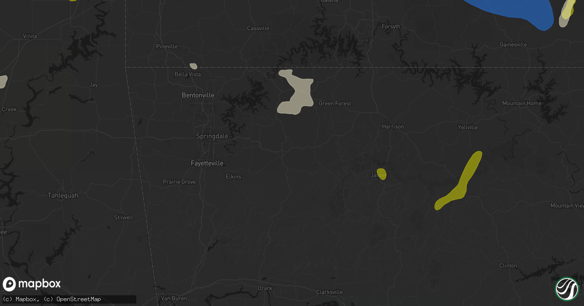 Hail map in Huntsville, AR on August 6, 2026