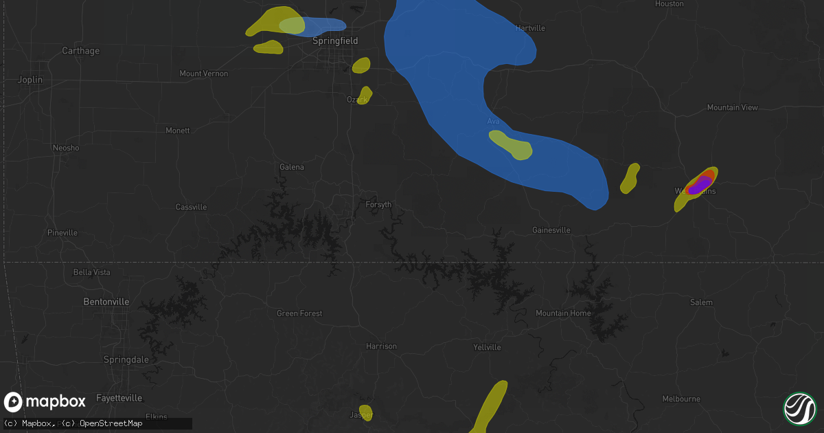 Hail map in Kissee Mills, MO on August 6, 2026