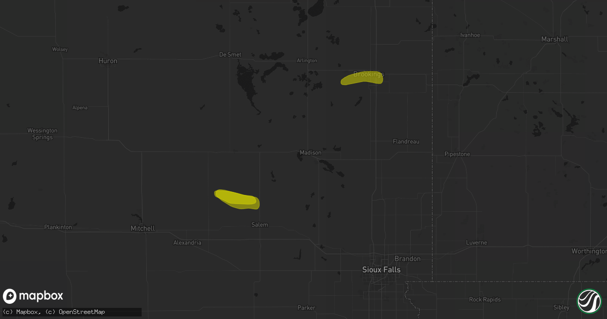 Hail map in Madison, SD on August 6, 2026