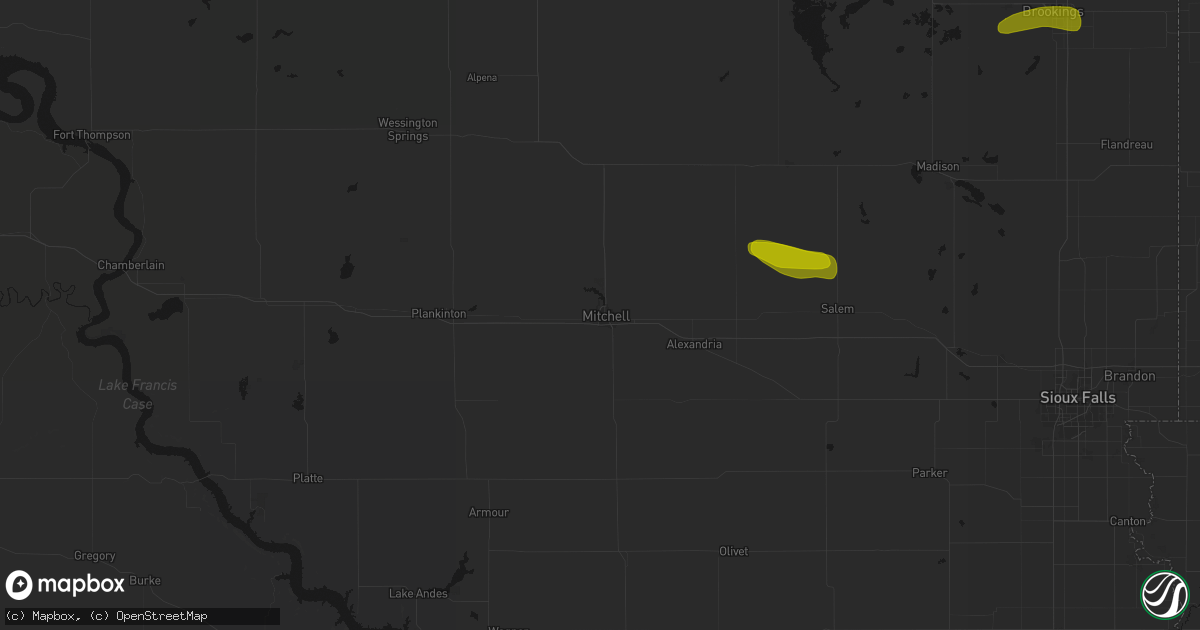 Hail map in Mitchell, SD on August 6, 2026