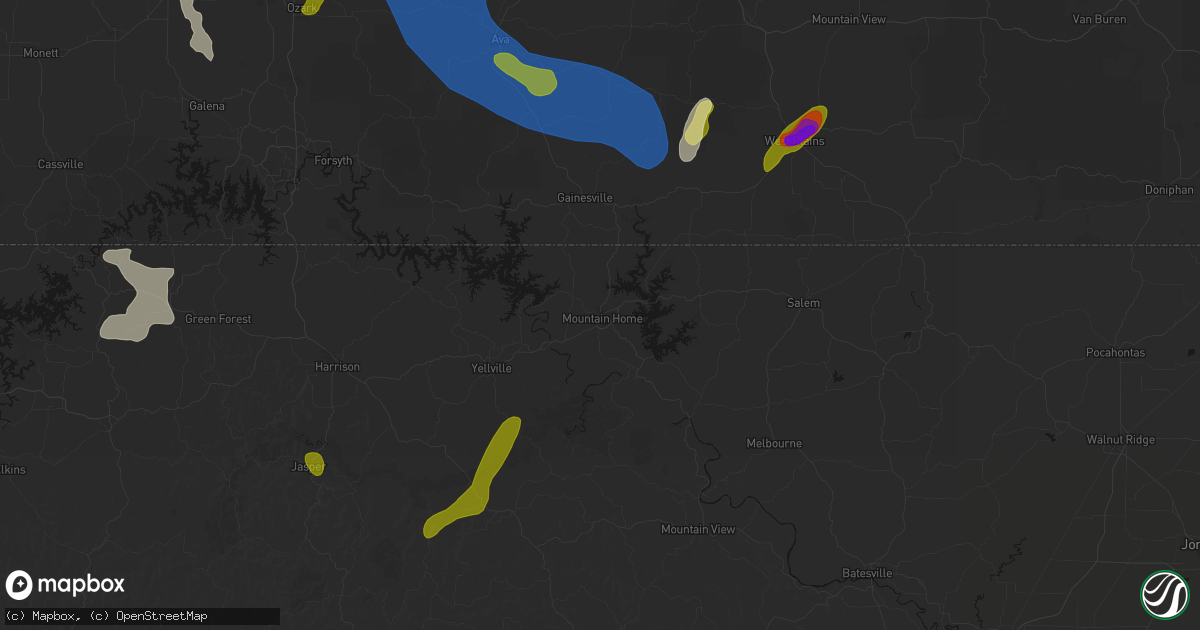Hail map in Mountain Home, AR on August 6, 2026