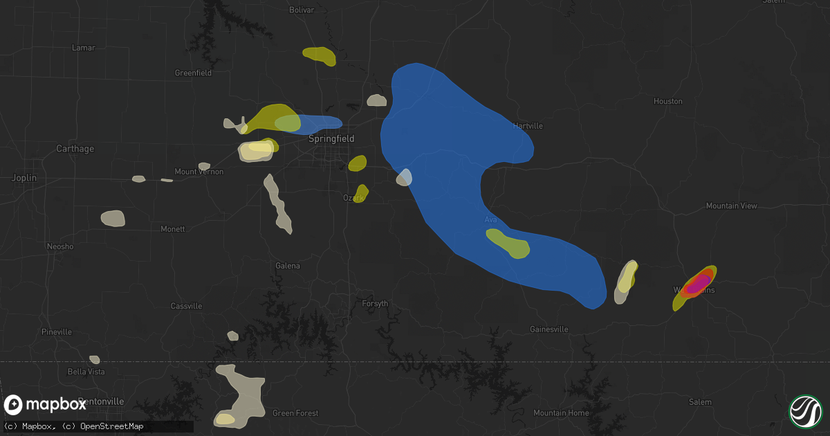 Hail map in Oldfield, MO on August 6, 2026