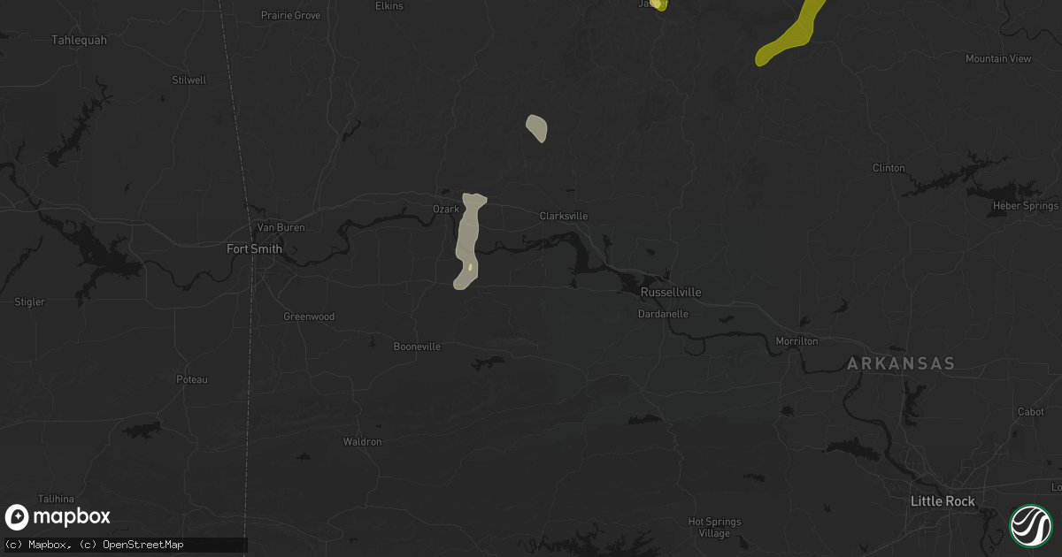 Hail map in Subiaco, AR on August 6, 2026