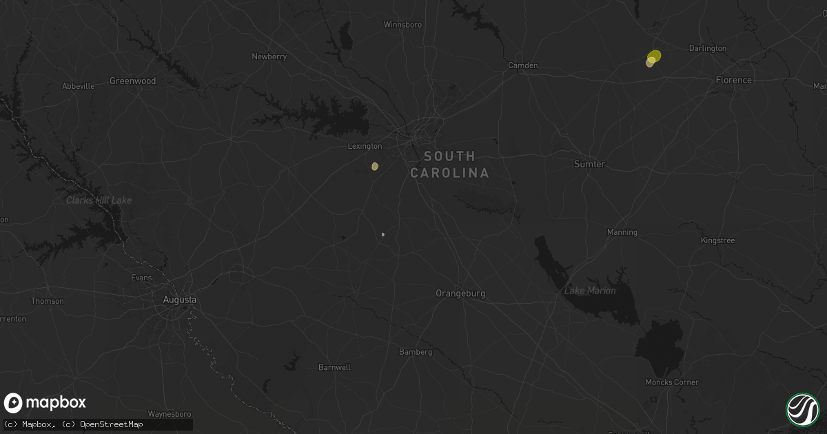 Hail map in Swansea, SC on August 6, 2026