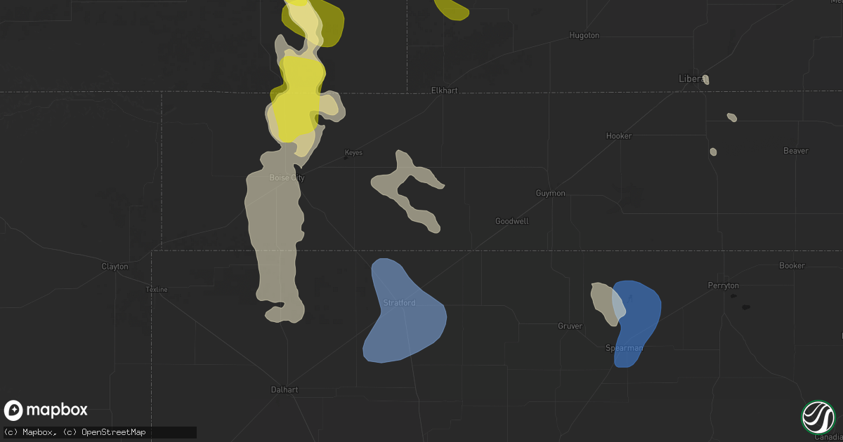 Hail map in Texhoma, OK on August 6, 2026