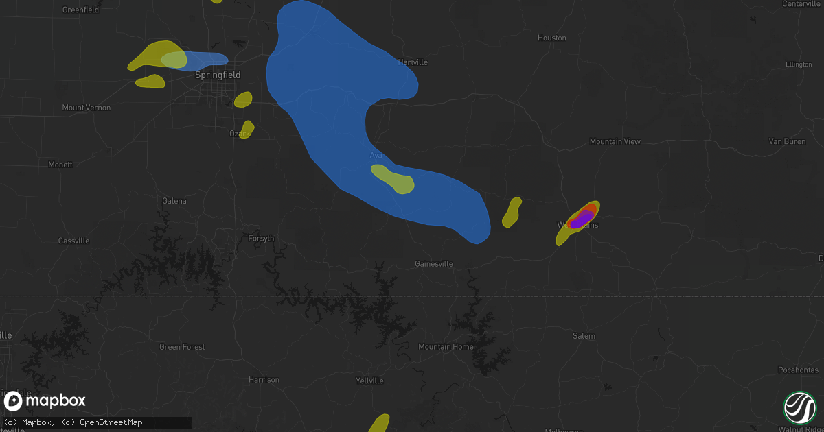 Hail map in Wasola, MO on August 6, 2026