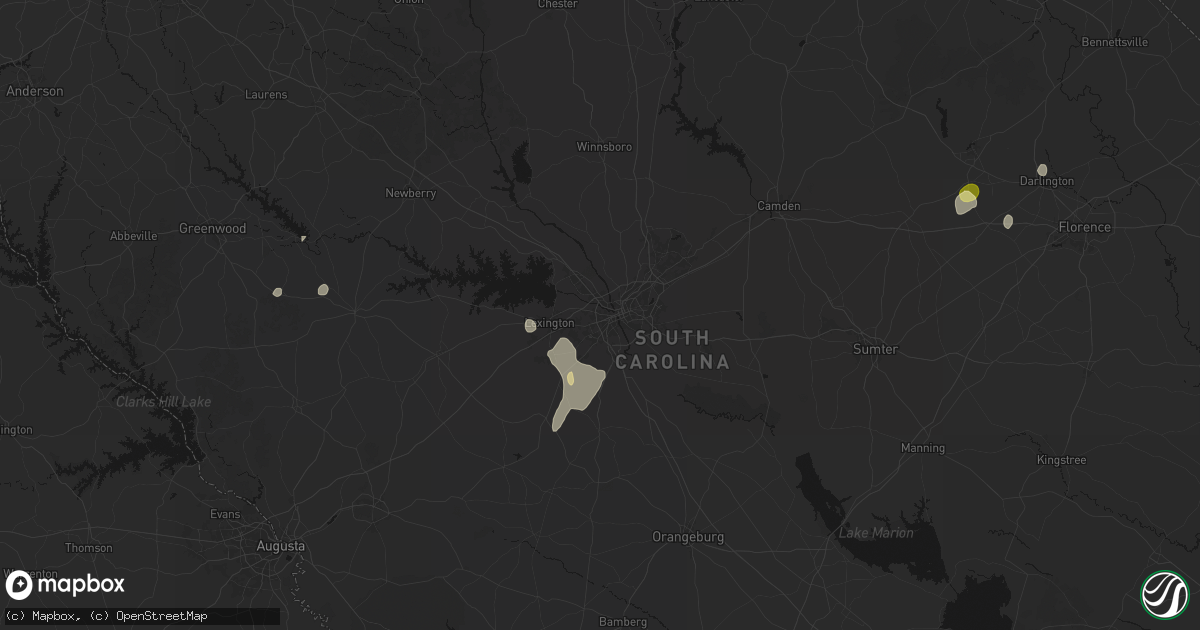 Hail map in West Columbia, SC on August 6, 2026