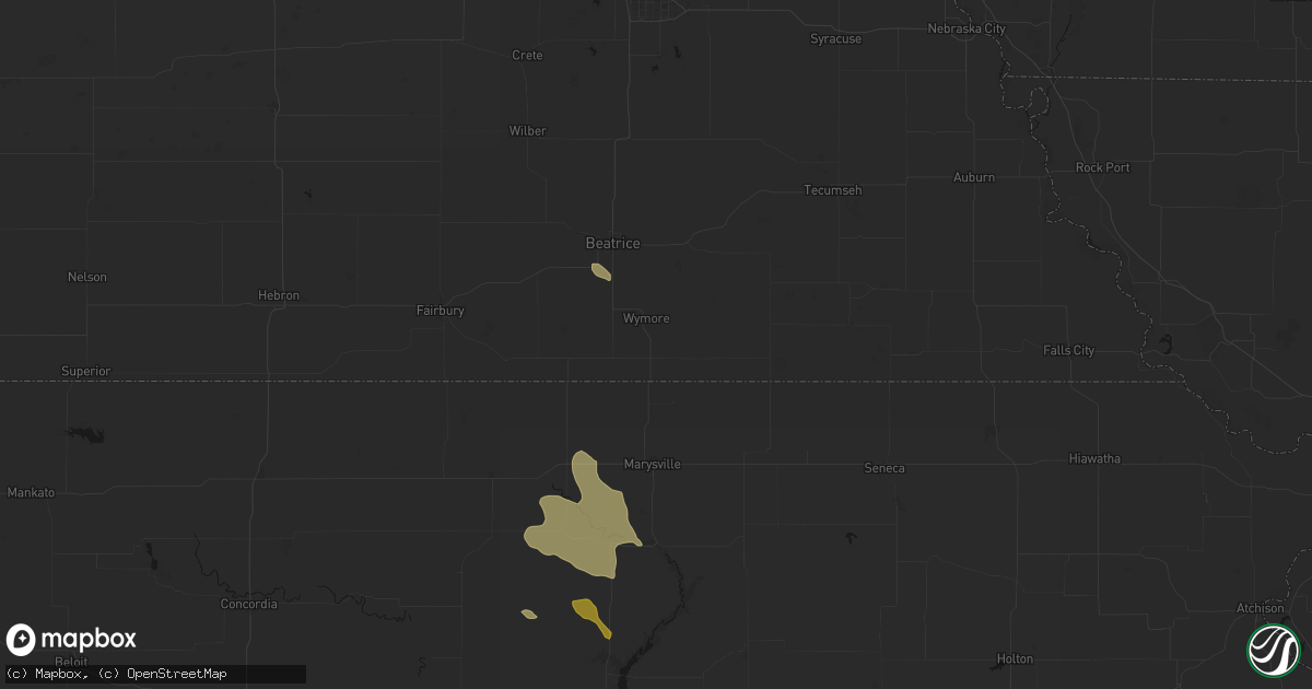 Hail map in Wymore, NE on August 6, 2026