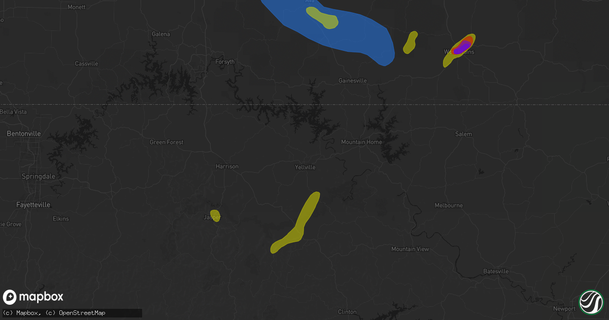 Hail map in Yellville, AR on August 6, 2026
