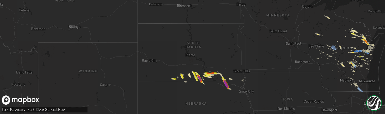 Hail map in South Dakota on August 7, 2019
