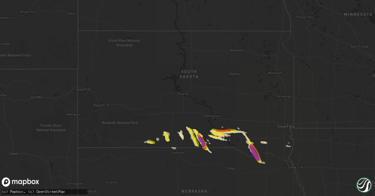 Hail map in South Dakota on August 7, 2019