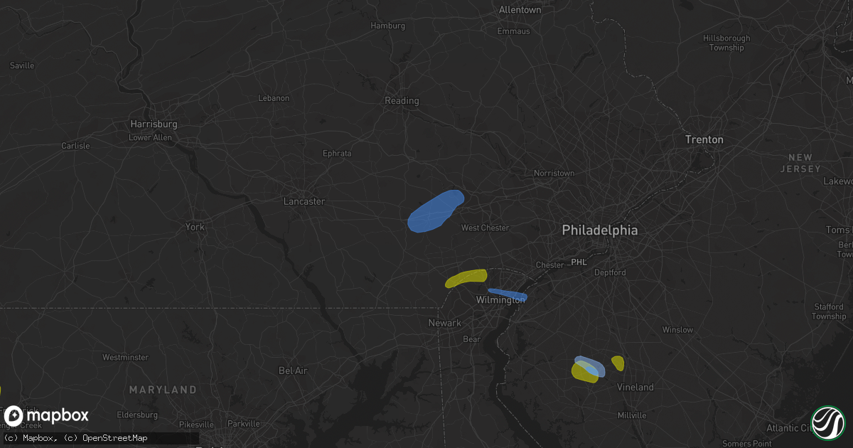 Hail map in Coatesville, PA on August 7, 2020