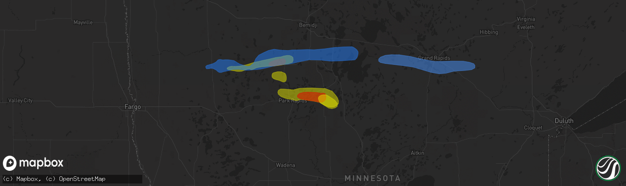 Hail map in Nevis, MN on August 7, 2020