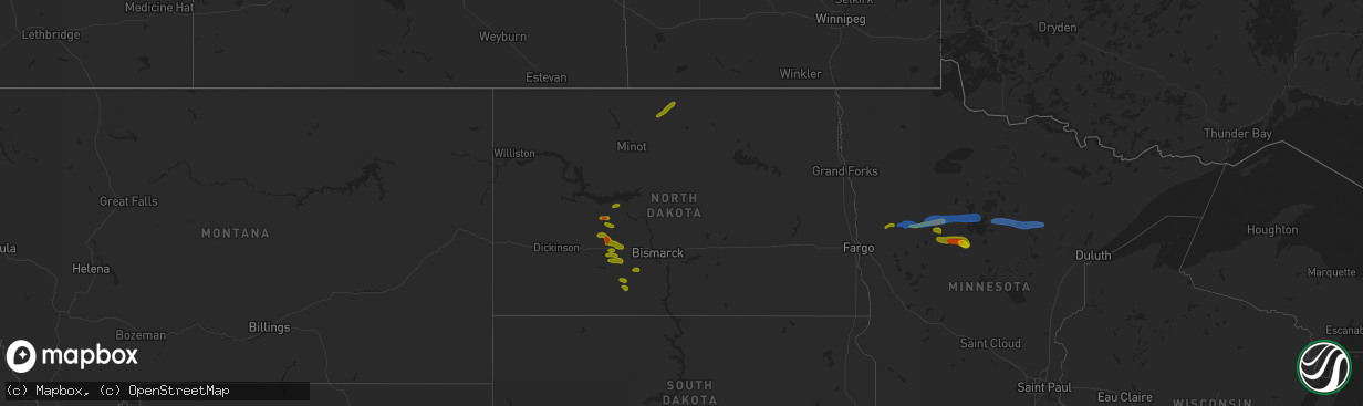 Hail map in North Dakota on August 7, 2020
