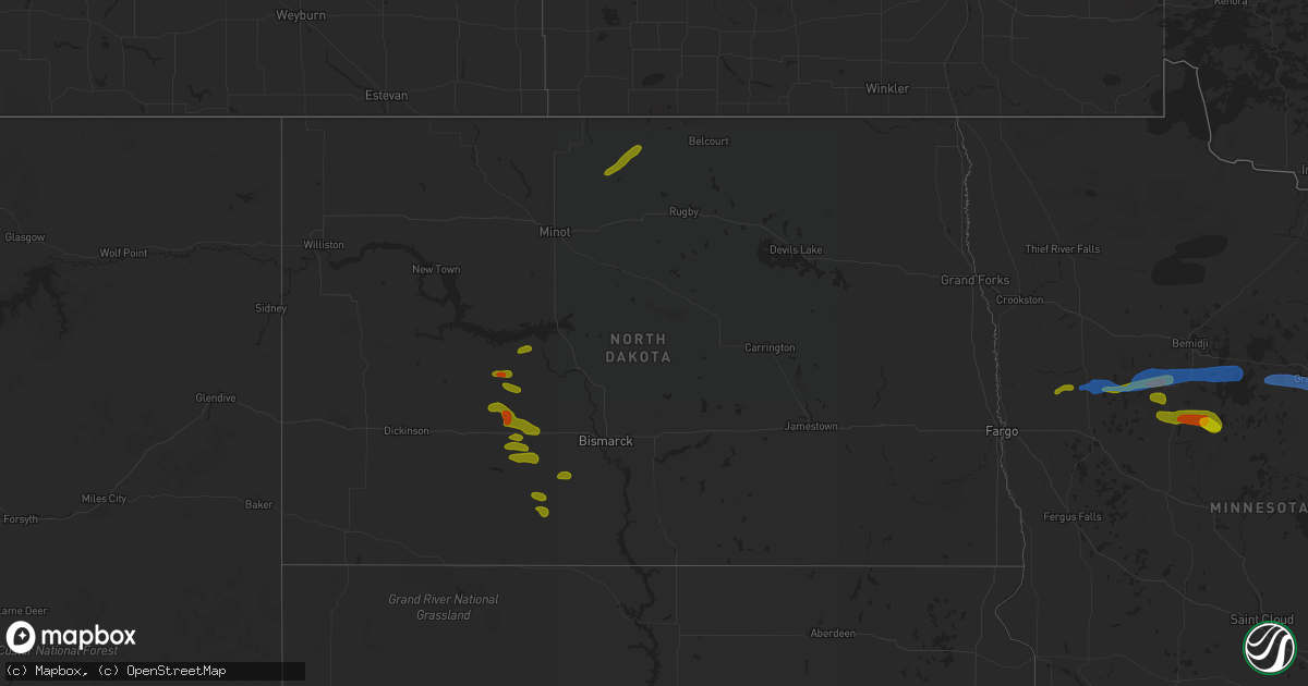 Hail map in North Dakota on August 7, 2020