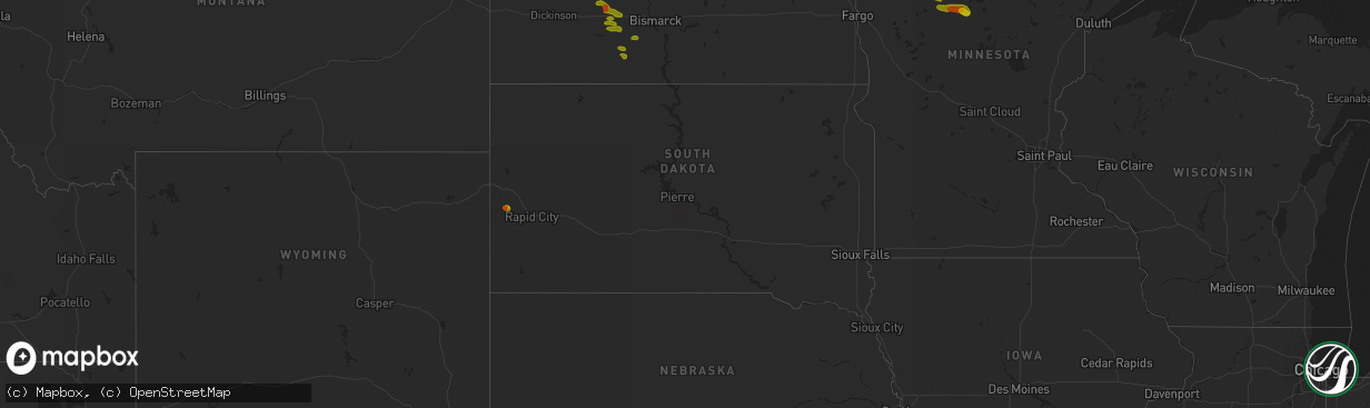 Hail map in South Dakota on August 7, 2020