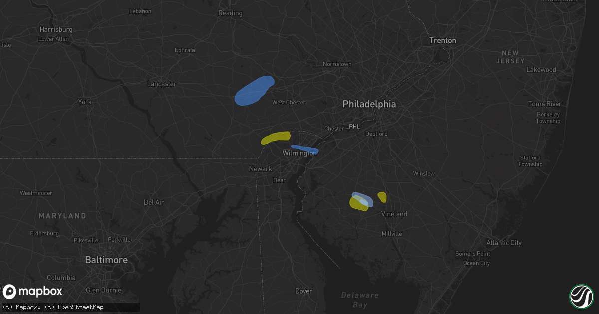 Hail map in Wilmington, DE on August 7, 2020