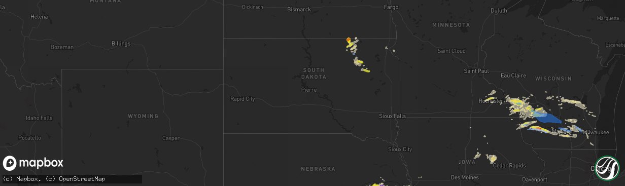 Hail map in South Dakota on August 7, 2021