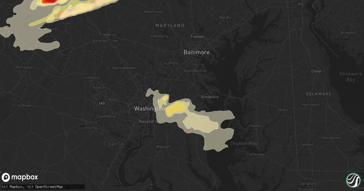 Hail map in Bowie, MD on August 7, 2023