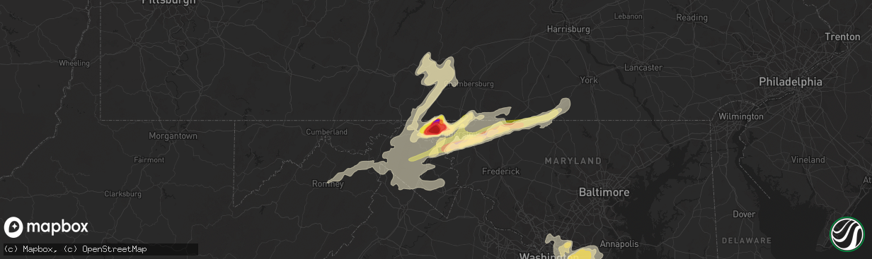 Hail map in Clear Spring, MD on August 7, 2023