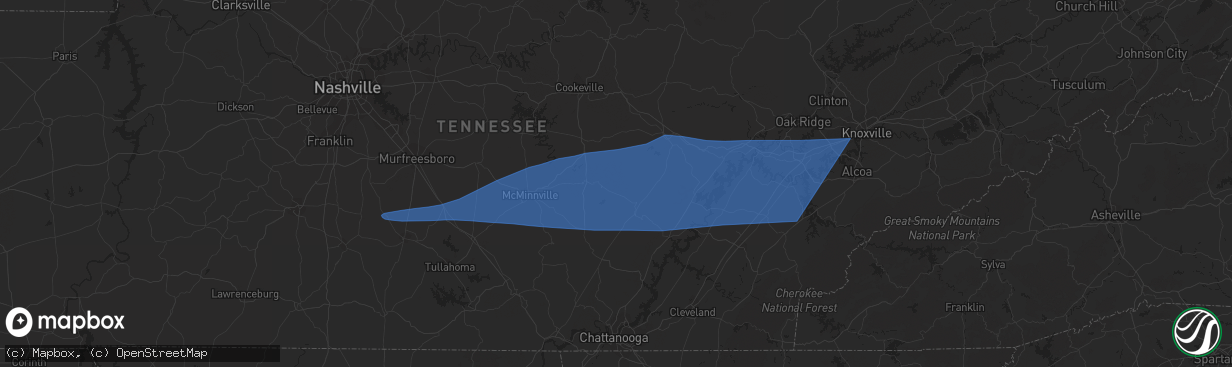 Hail map in Crossville, TN on August 7, 2023