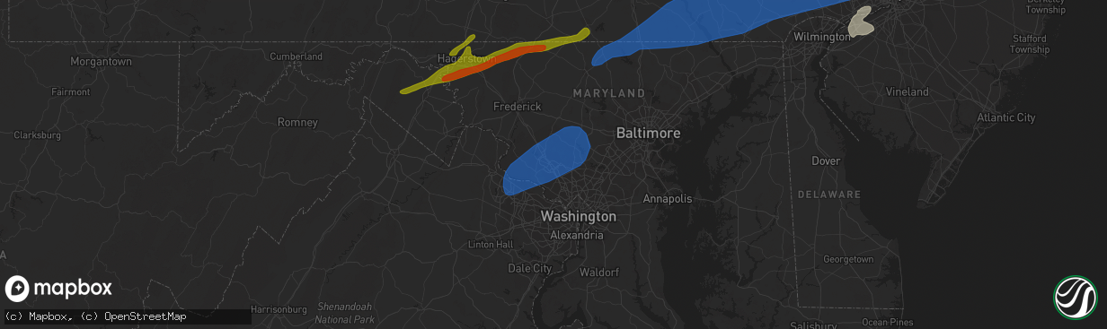 Hail map in Gaithersburg, MD on August 7, 2023