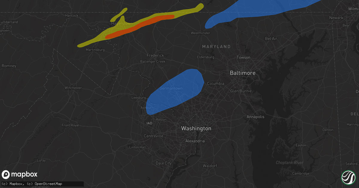 Hail map in Gaithersburg, MD on August 7, 2023