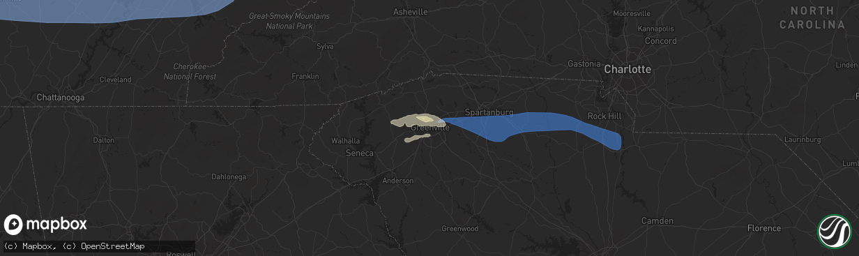 Hail map in Greenville, SC on August 7, 2023