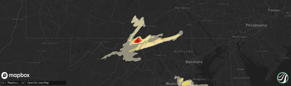 Hail map in Hagerstown, MD on August 7, 2023