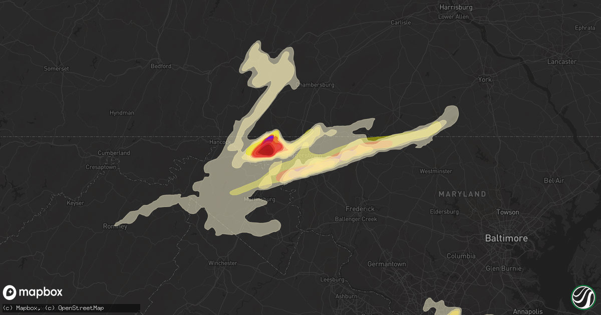 Hail map in Hagerstown, MD on August 7, 2023