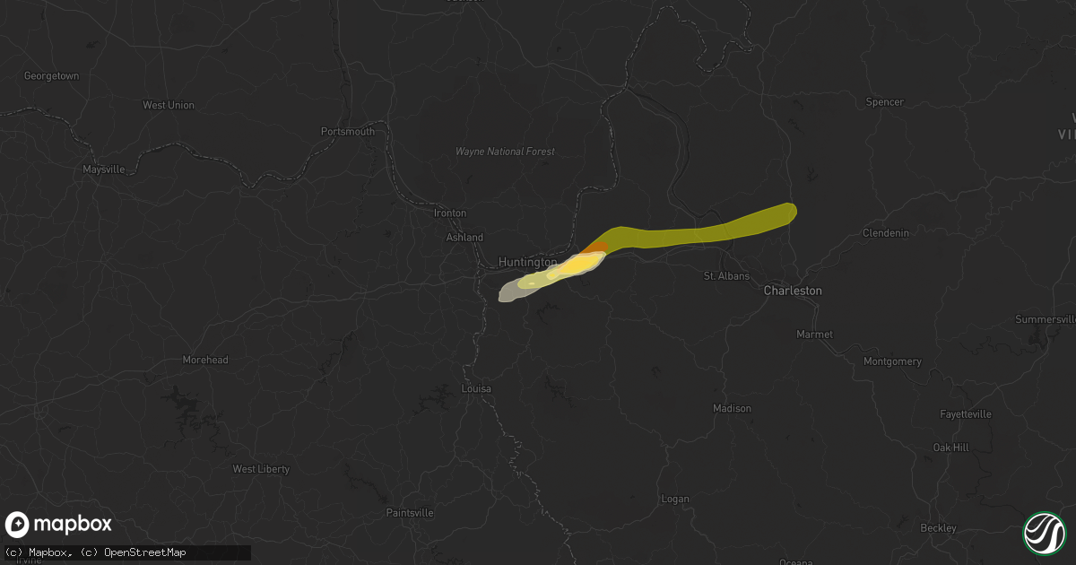 Hail map in Huntington, WV on August 7, 2023