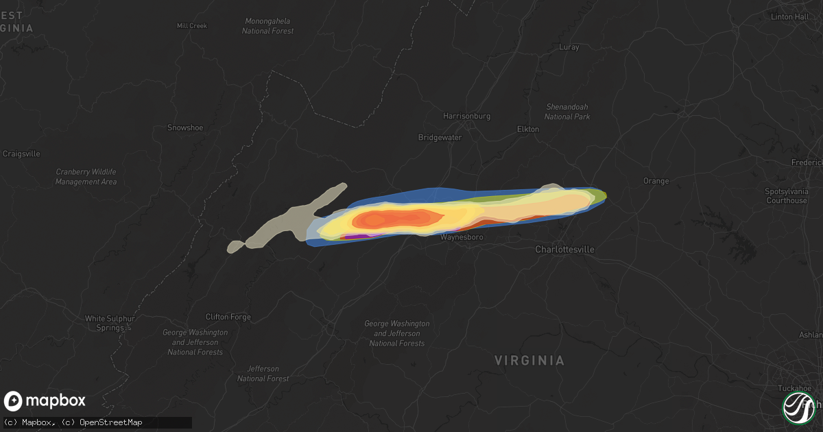 Hail map in Staunton, VA on August 7, 2023