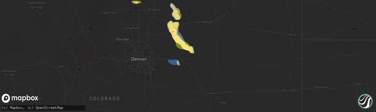 Hail map in Byers, CO on August 7, 2024