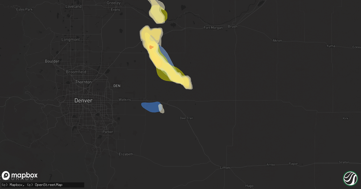 Hail map in Byers, CO on August 7, 2024