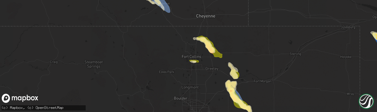 Hail map in Fort Collins, CO on August 7, 2024