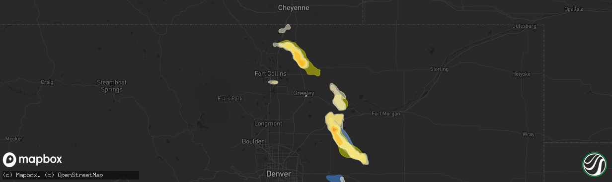 Hail map in Greeley, CO on August 7, 2024