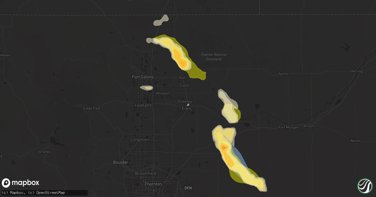 Hail map in Greeley, CO on August 7, 2024