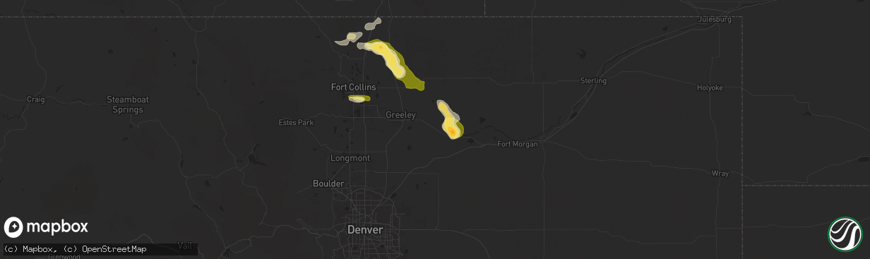 Hail map in Kersey, CO on August 7, 2024