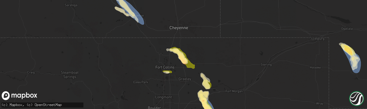 Hail map in Nunn, CO on August 7, 2024