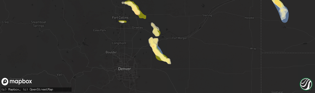 Hail map in Roggen, CO on August 7, 2024