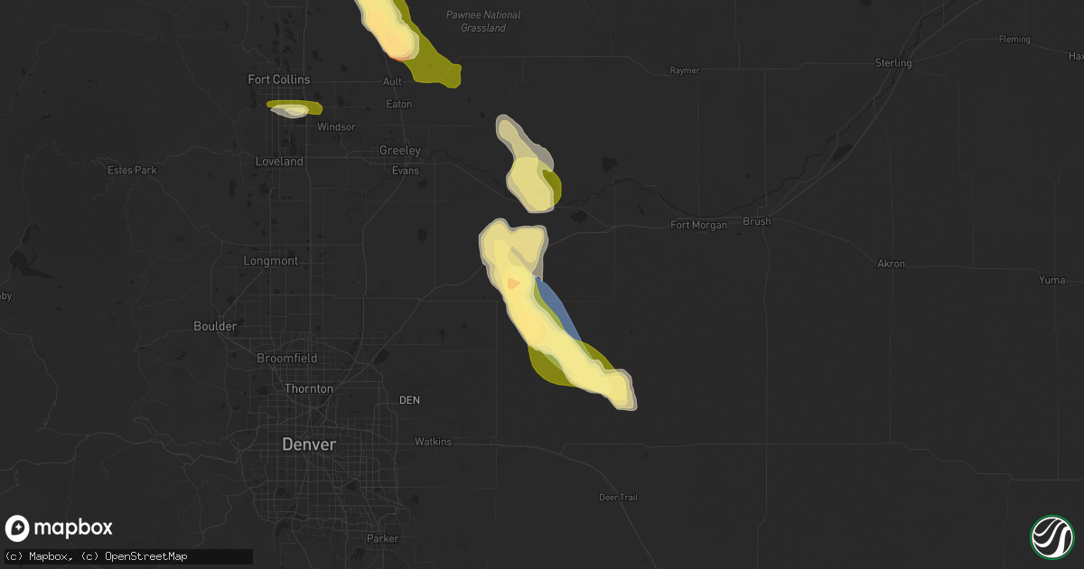 Hail map in Roggen, CO on August 7, 2024