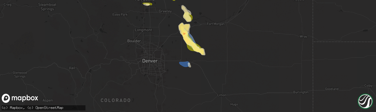 Hail map in Strasburg, CO on August 7, 2024