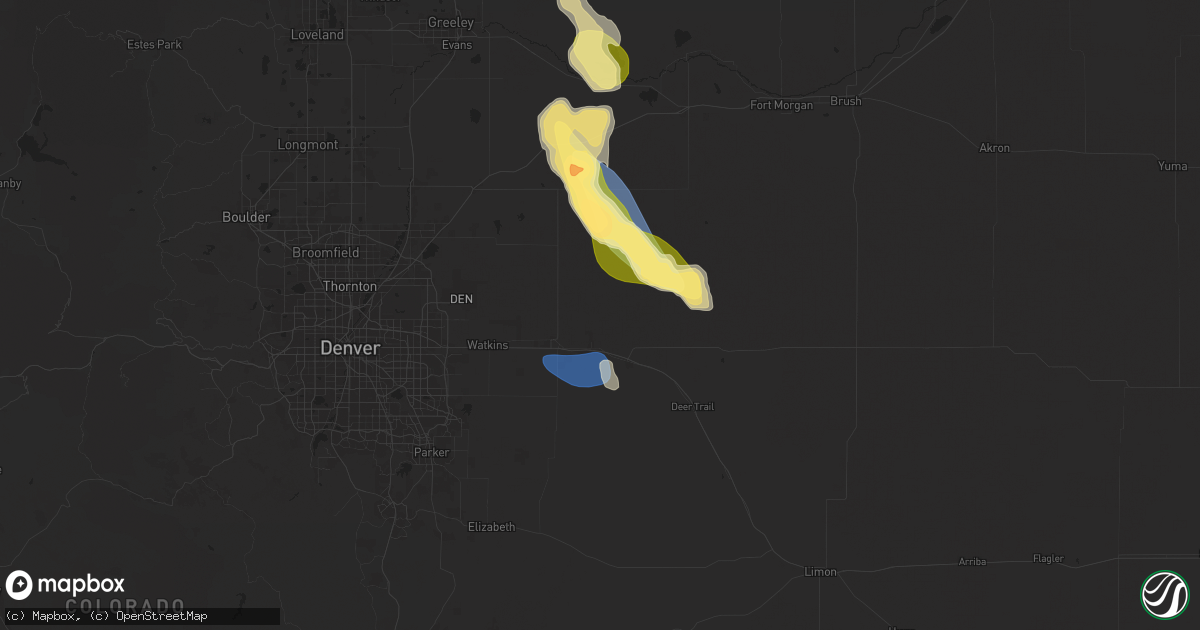 Hail map in Strasburg, CO on August 7, 2024