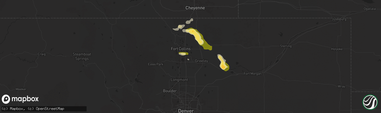 Hail map in Windsor, CO on August 7, 2024