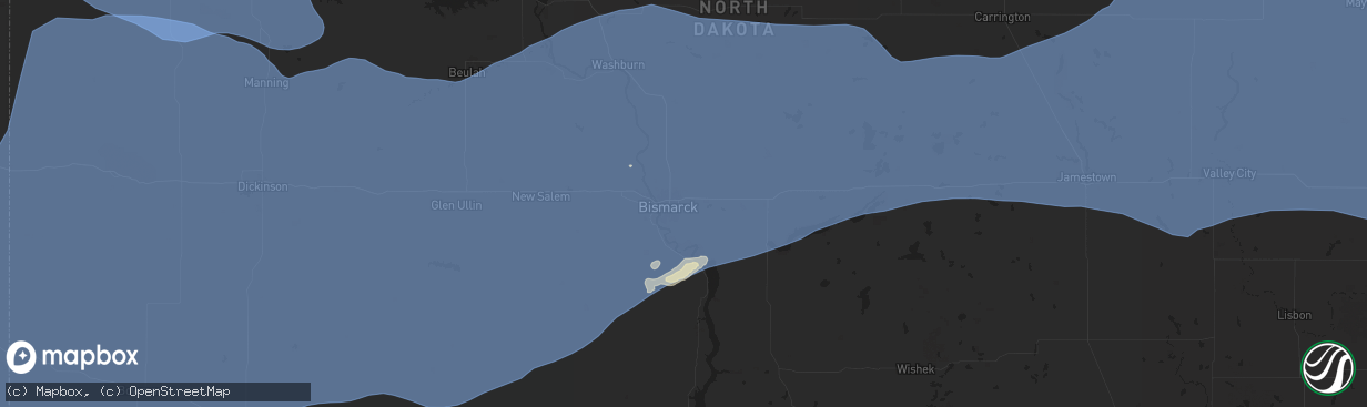 Hail map in Bismarck, ND on August 7, 2025