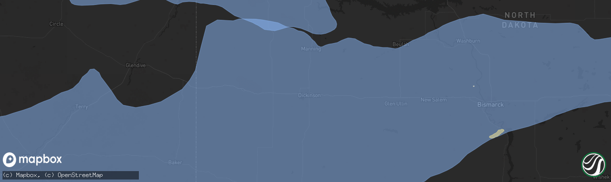 Hail map in Dickinson, ND on August 7, 2025