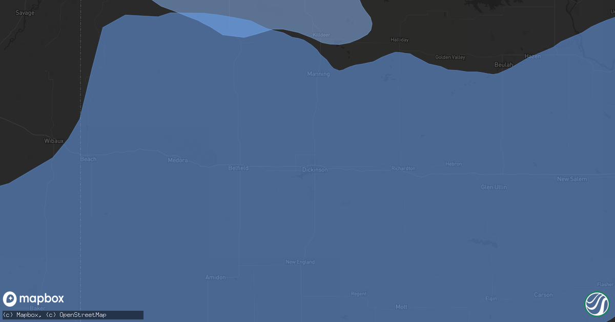 Hail map in Dickinson, ND on August 7, 2025