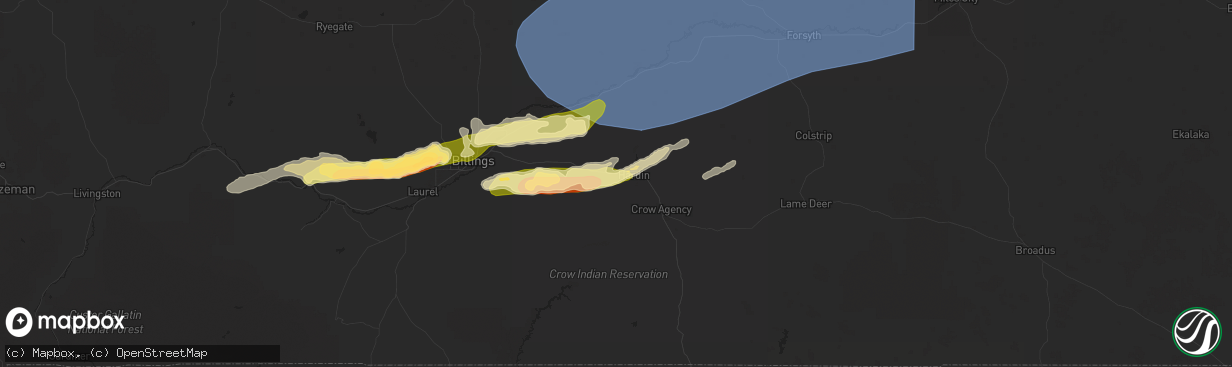 Hail map in Hardin, MT on August 7, 2025