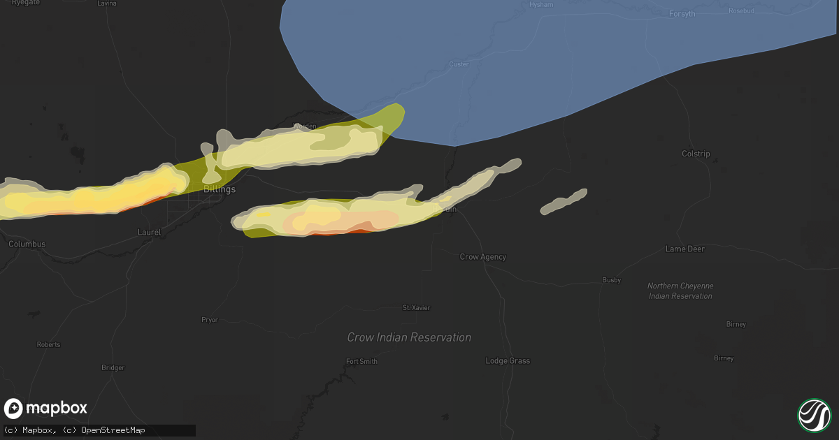 Hail map in Hardin, MT on August 7, 2025