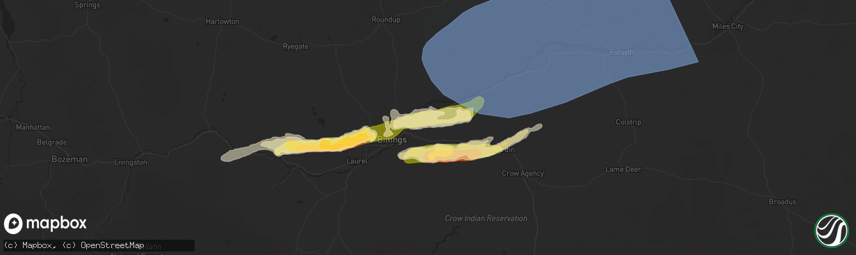 Hail map in Huntley, MT on August 7, 2025